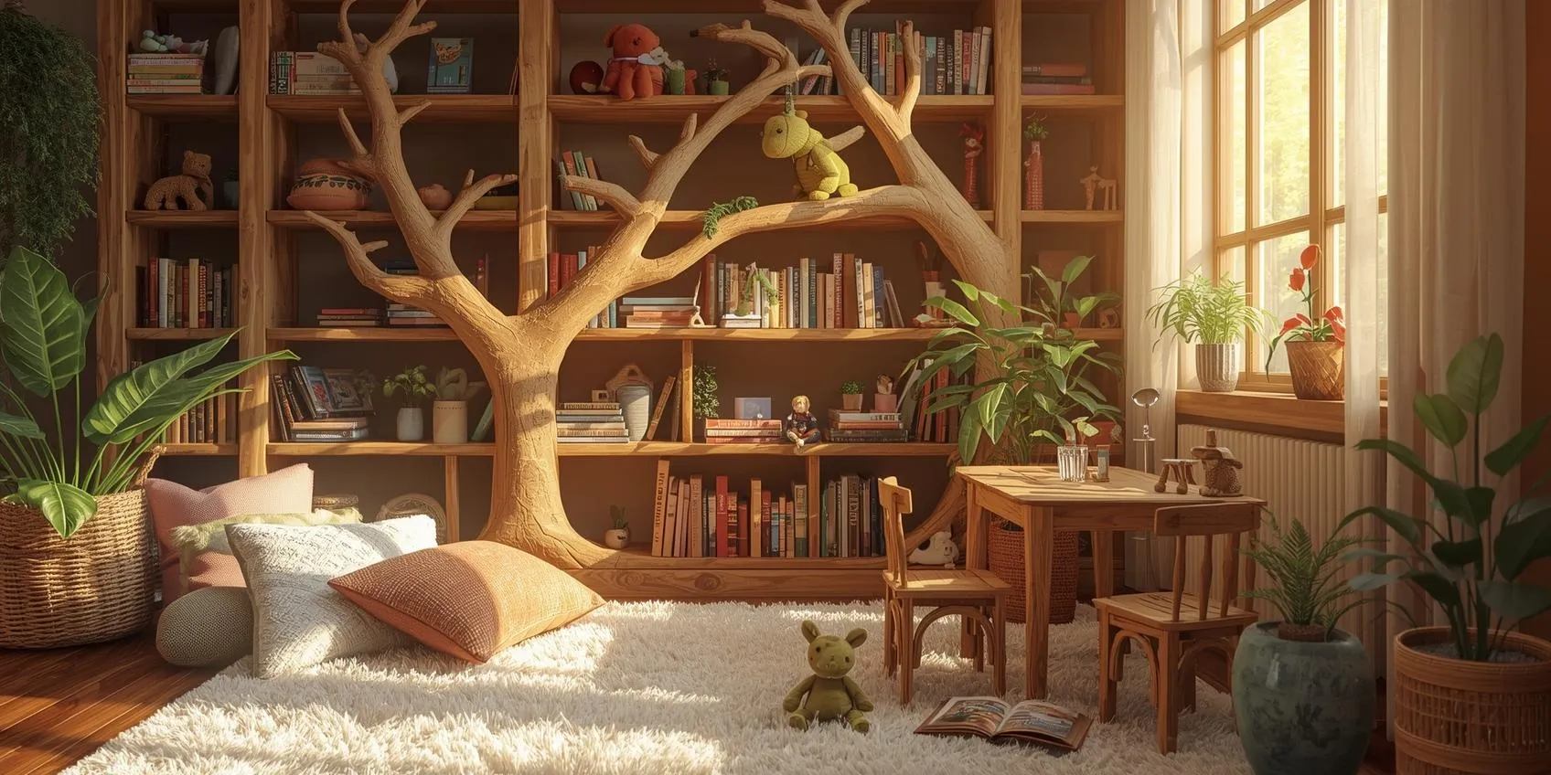 a natural wooden tree-shaped bookshelf filled with books