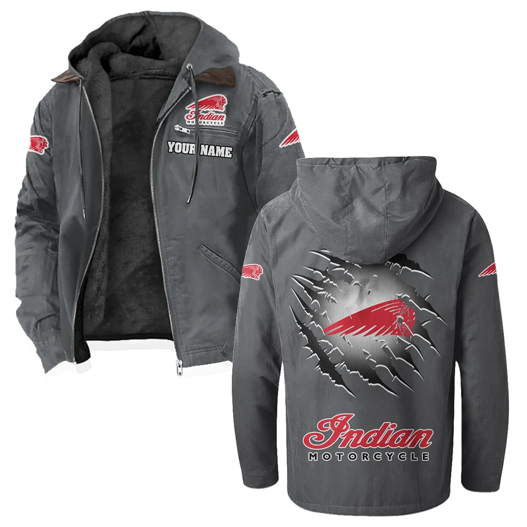 American-Style Motorbike Flannel Hoodie, Warm Street Flannel HVN1327IM - Gray - Image 2