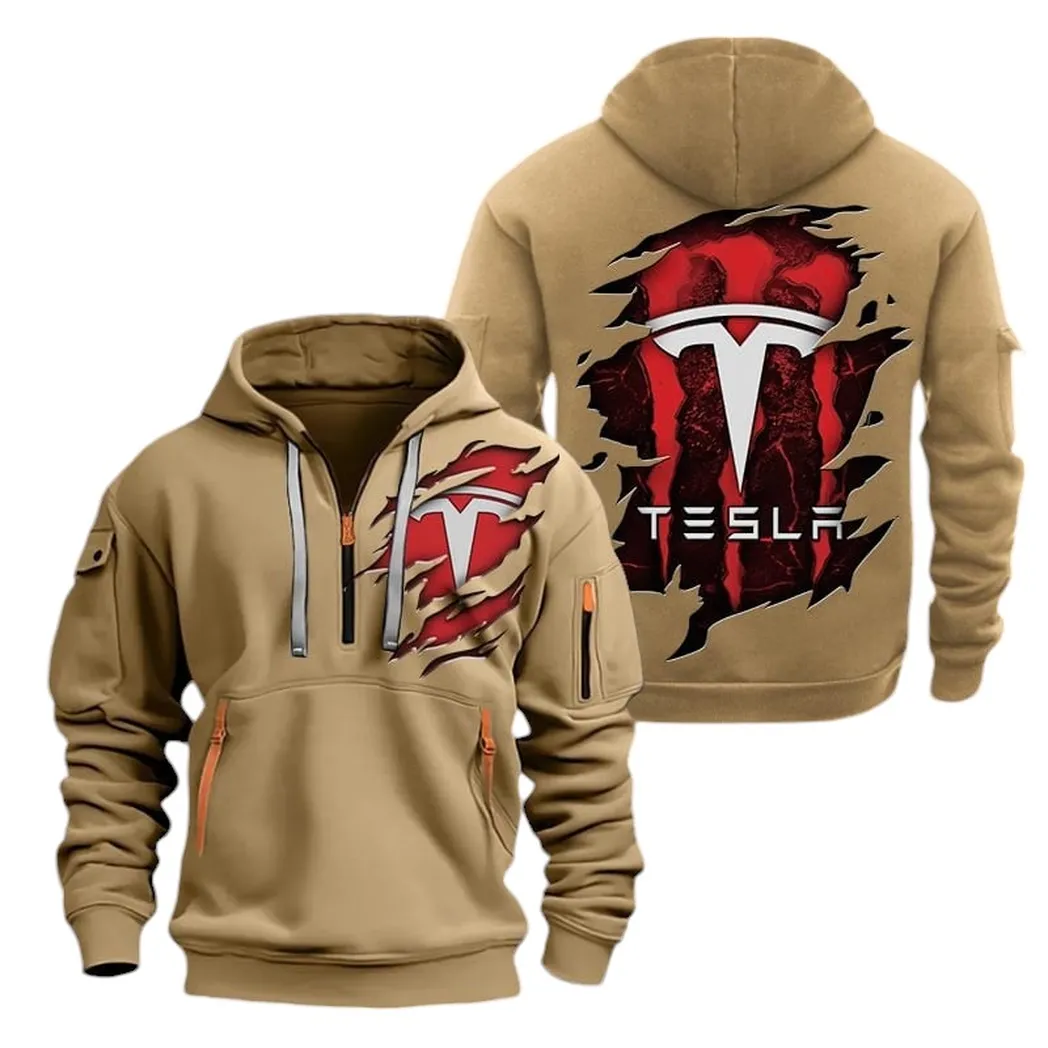 Electric Car Hoodie Half Zipper, Fan Pride Half-Zip Hoodie CAR021 -Khaki - Image 2