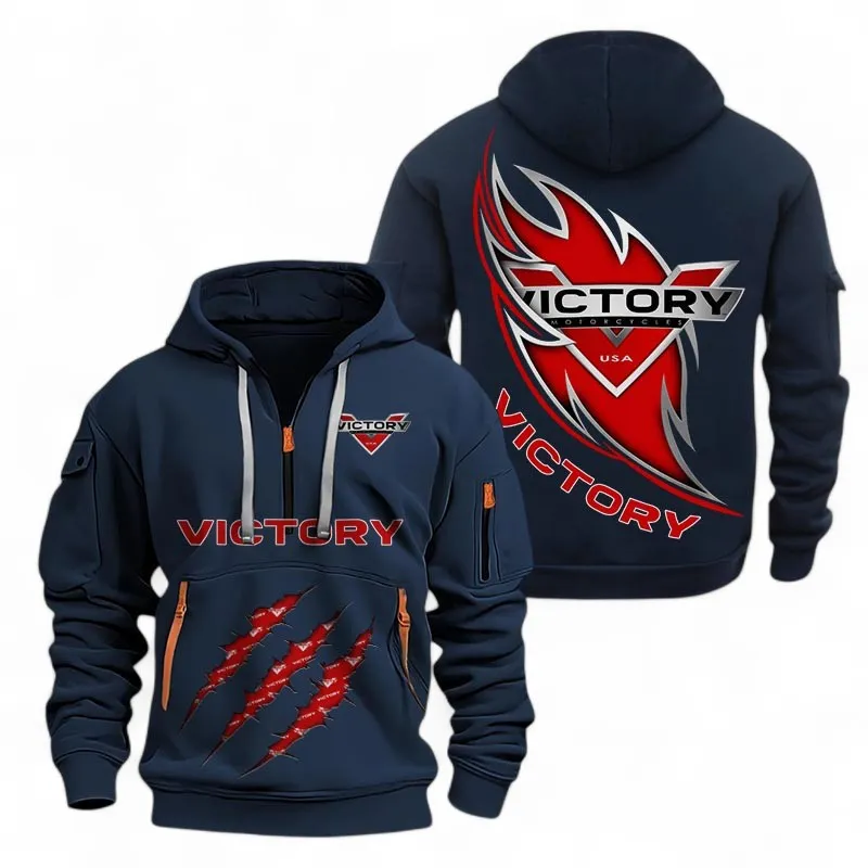 Heavyweight Motorcycle Hoodie Half Zipper, Active Spirit Hoodie CAR500 - Navy - Image 2