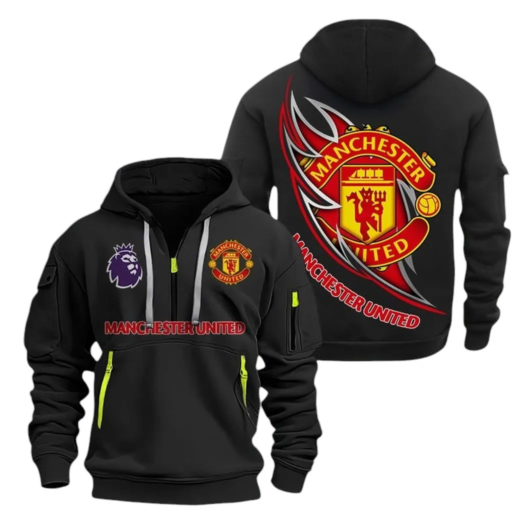 Manchester Red Spirit Hoodie Half Zipper, Fan Pride Half-Zip Hoodie EPL270 - Black