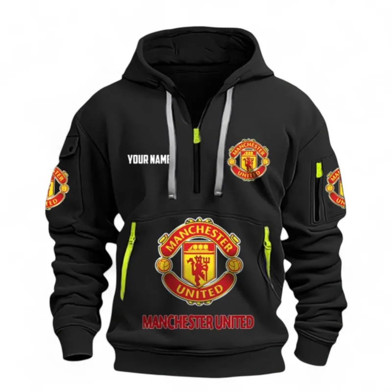 Manchester Red Spirit Hoodie Half Zipper, True Fan Hoodie EPL116 - Black