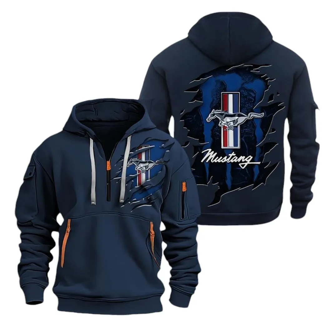 Pony Car Hoodie Half Zipper, Supporter Style Half-Zip Hoodie CAR021 -Navy - Image 2
