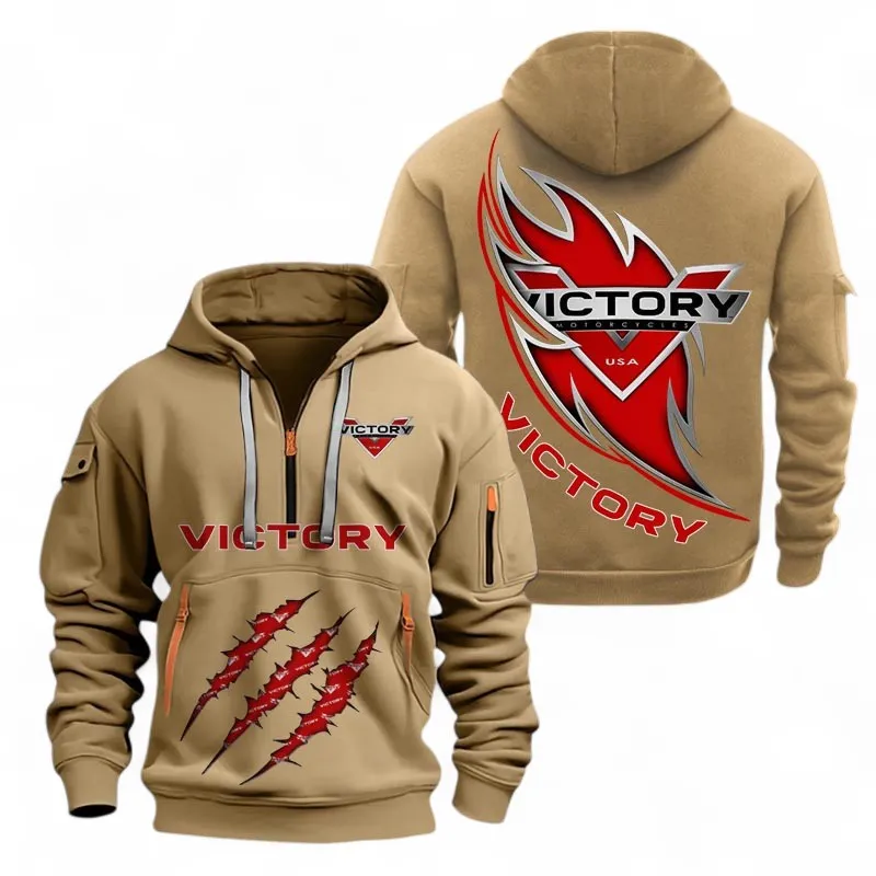 Touring Motorcycle Hoodie Half Zipper, Fan Pride Half-Zip Hoodie CAR500 - Khaki - Image 2