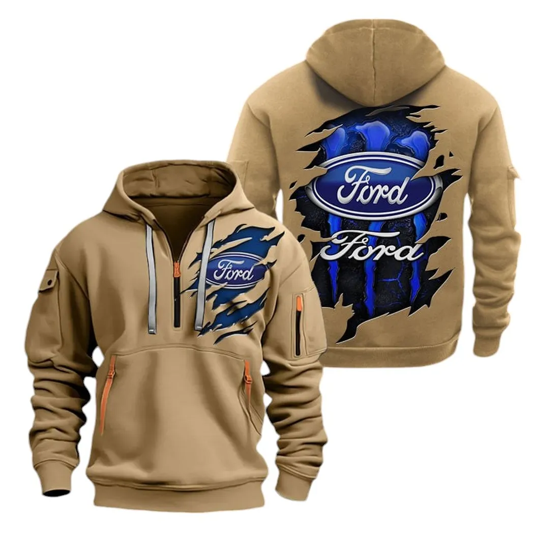 Vintage Ride Hoodie Half Zipper, Sporty Fan Half-Zip Hoodie CAR021 -Khaki - Image 2