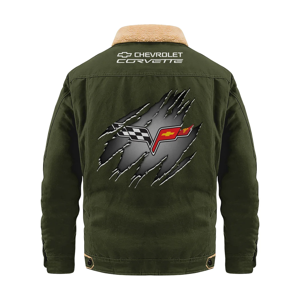 American Sports Car Jacket Fur Collar Fleece, Car Lover's Street Fleece HVN1383CC - Military Green - Image 2