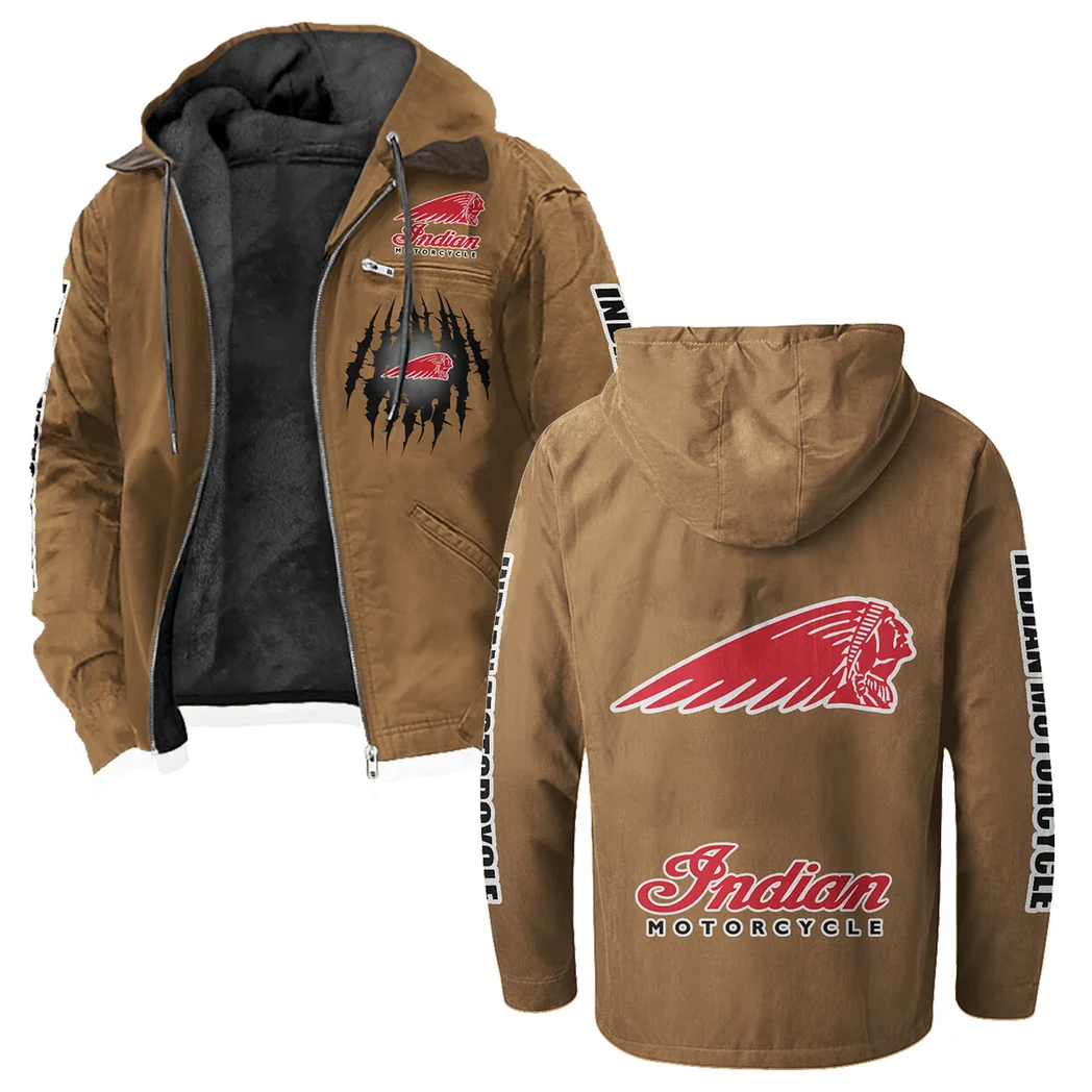 American-Style Motorbike Flannel Hoodie, Warm Street Flannel HVN1328IM - Camel