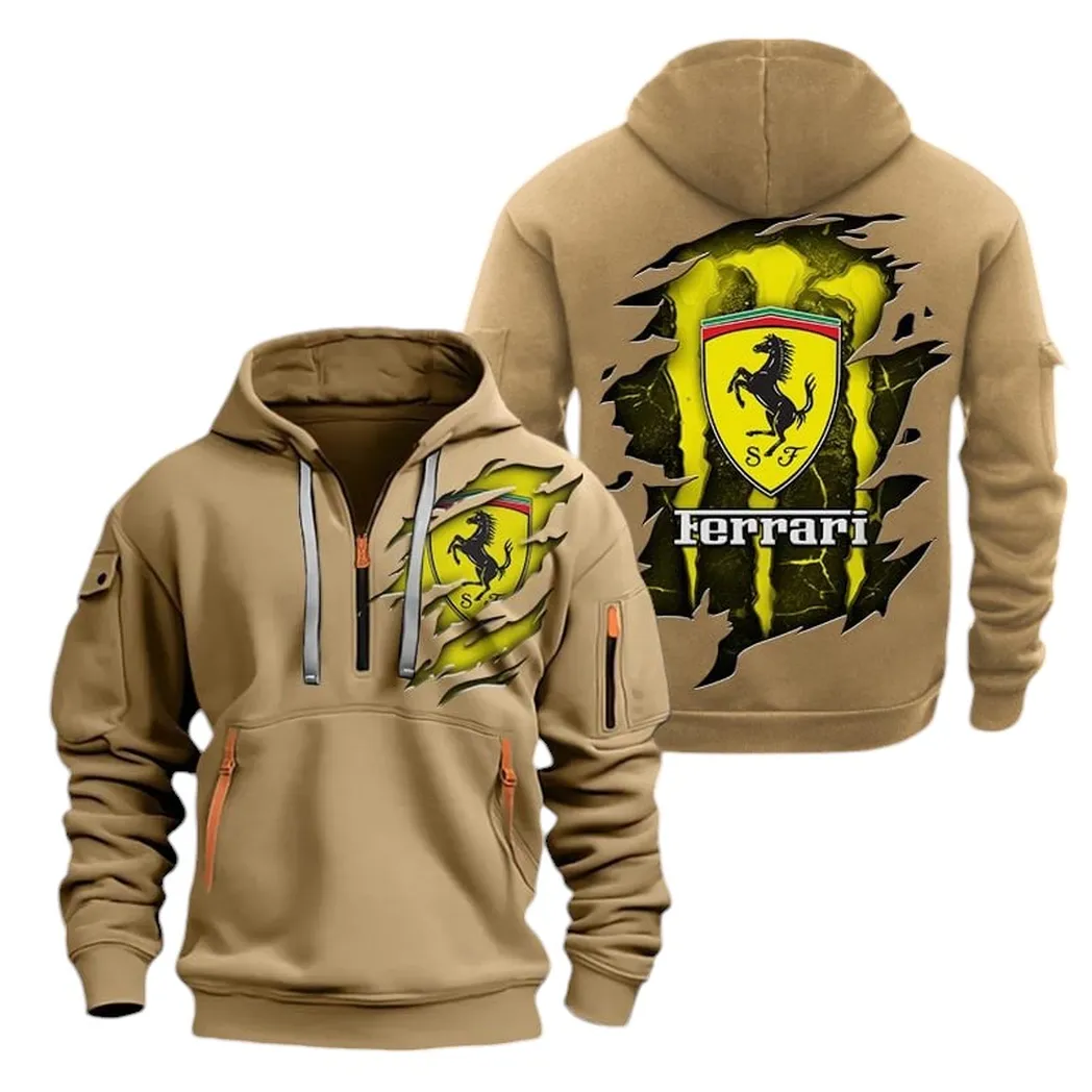 Iconic Vehicle Hoodie Half Zipper, Bold Fan Hoodie CAR021 -Khaki