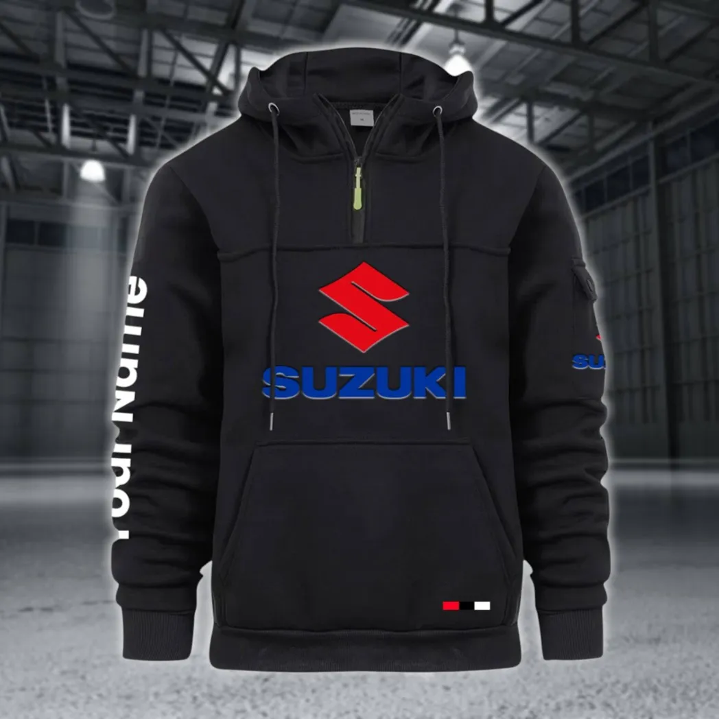 Racing Auto Large Pocket Hoodie, Car Lover's Quarter-Zip CAR514 - Black