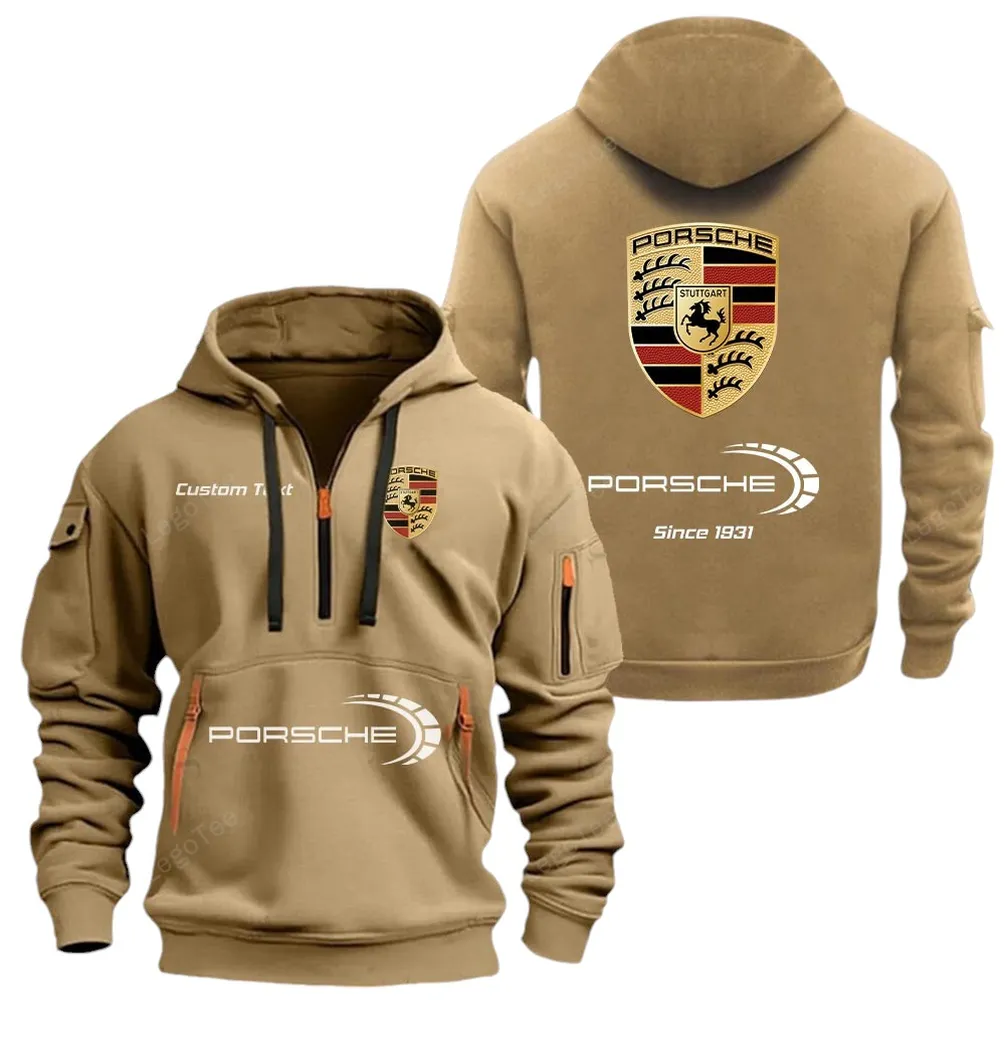 Racing-Inspired Car Hoodie Half Zipper, Performance Fan Hoodie CAR052 -Khaki