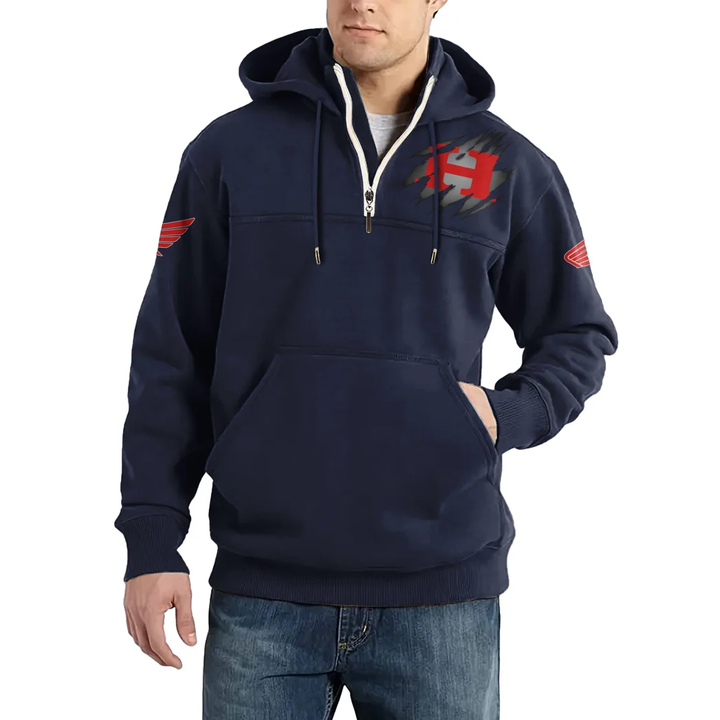 Sport Bike Casual Stand Up Collar Hoodie, Sporty Stand Collar Hoodie HVN1386HM - Dark Blue