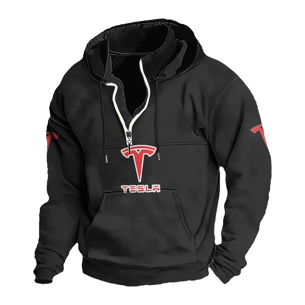 Zero-Emission Vehicle Casual Stand Up Collar Hoodie, Garage Days Street Hoodie HVN1397TE - Black