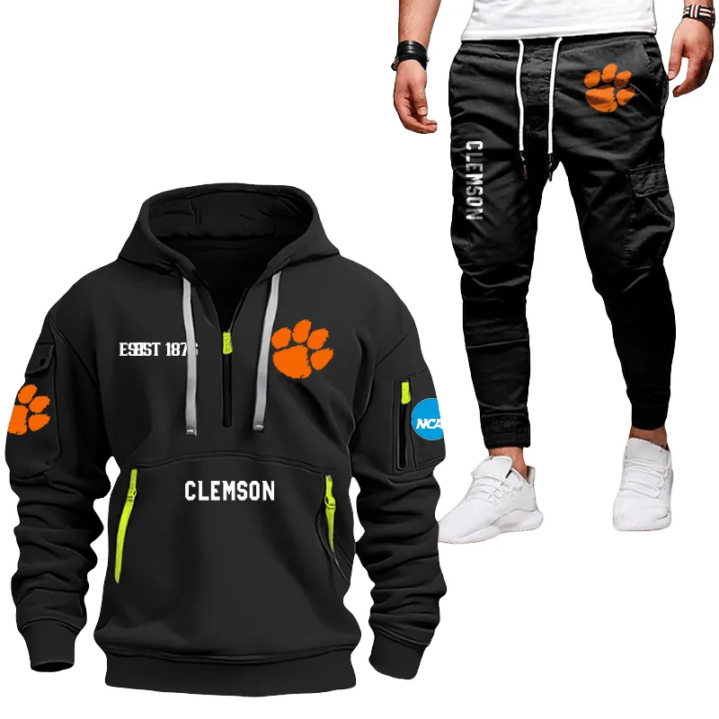 Bold Spirit Hoodie Half Zipper & Legged Casual Pants, Athletic Half Zip Outfit NCAA11 - Black