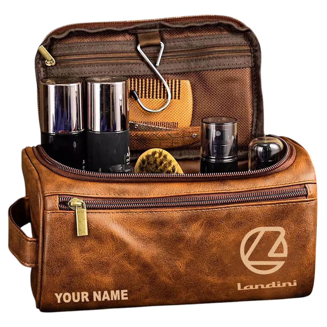 Compact Farm Tractor Leather Toiletry Bag, Functional Leather Travel Bag CAR442 - Yellow Brown