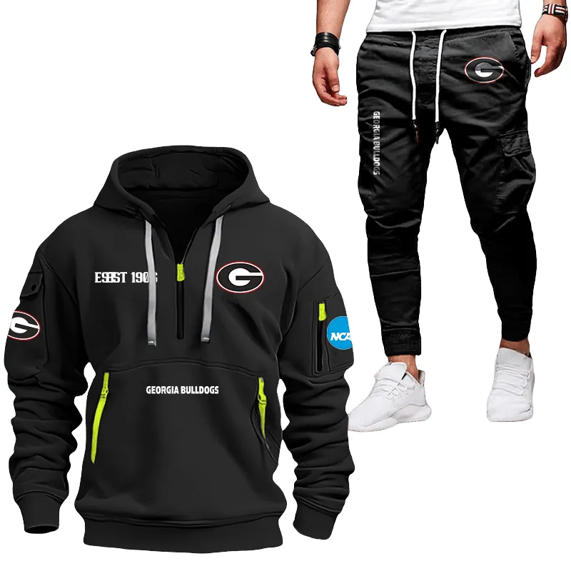 Field Pride Hoodie Half Zipper & Legged Casual Pants, Sporty Hoodie and Pants NCAA11 - Black