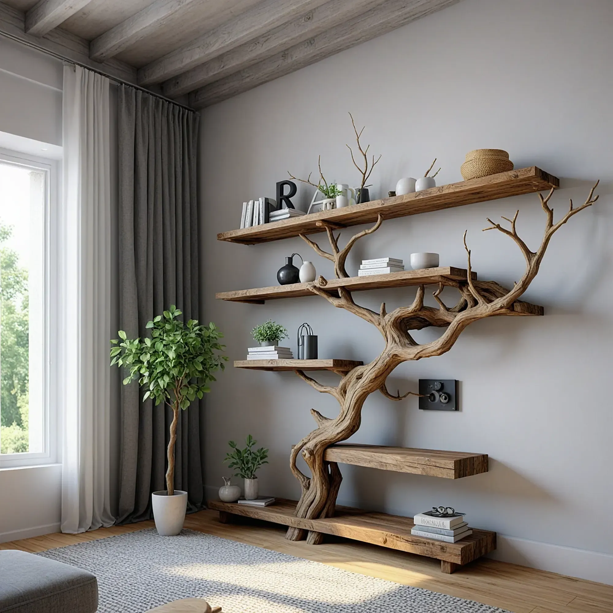 Tree Branch Bookshelf Solid Wood Wall Mounted Driftwood Shelf for Home Decor