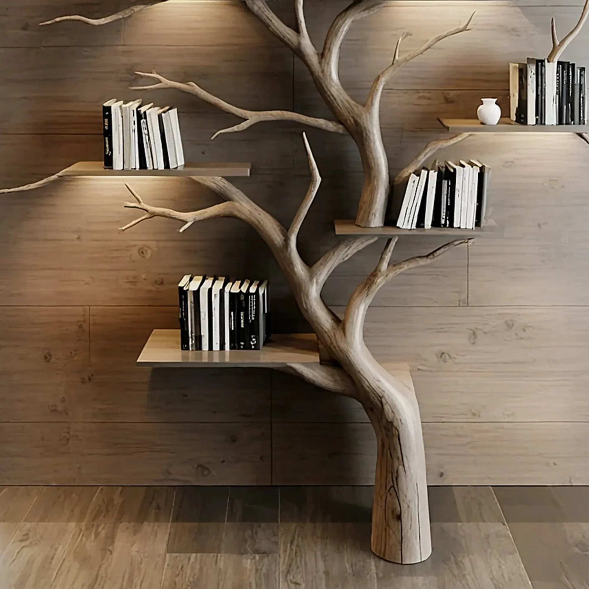 Decorative Tree Bookshelf Carved Solid Wood Branch Wall Shelf Handmade Art Gift