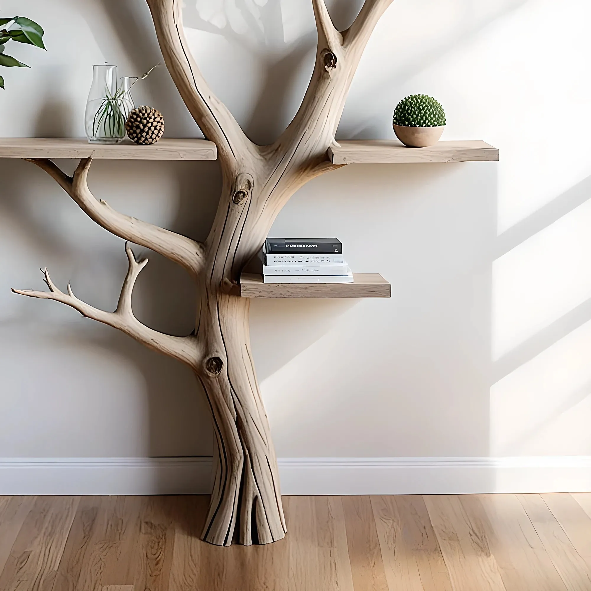 Floating Tree Book Shelf Wall Mounted Walnut Wood Decorative Bookcase