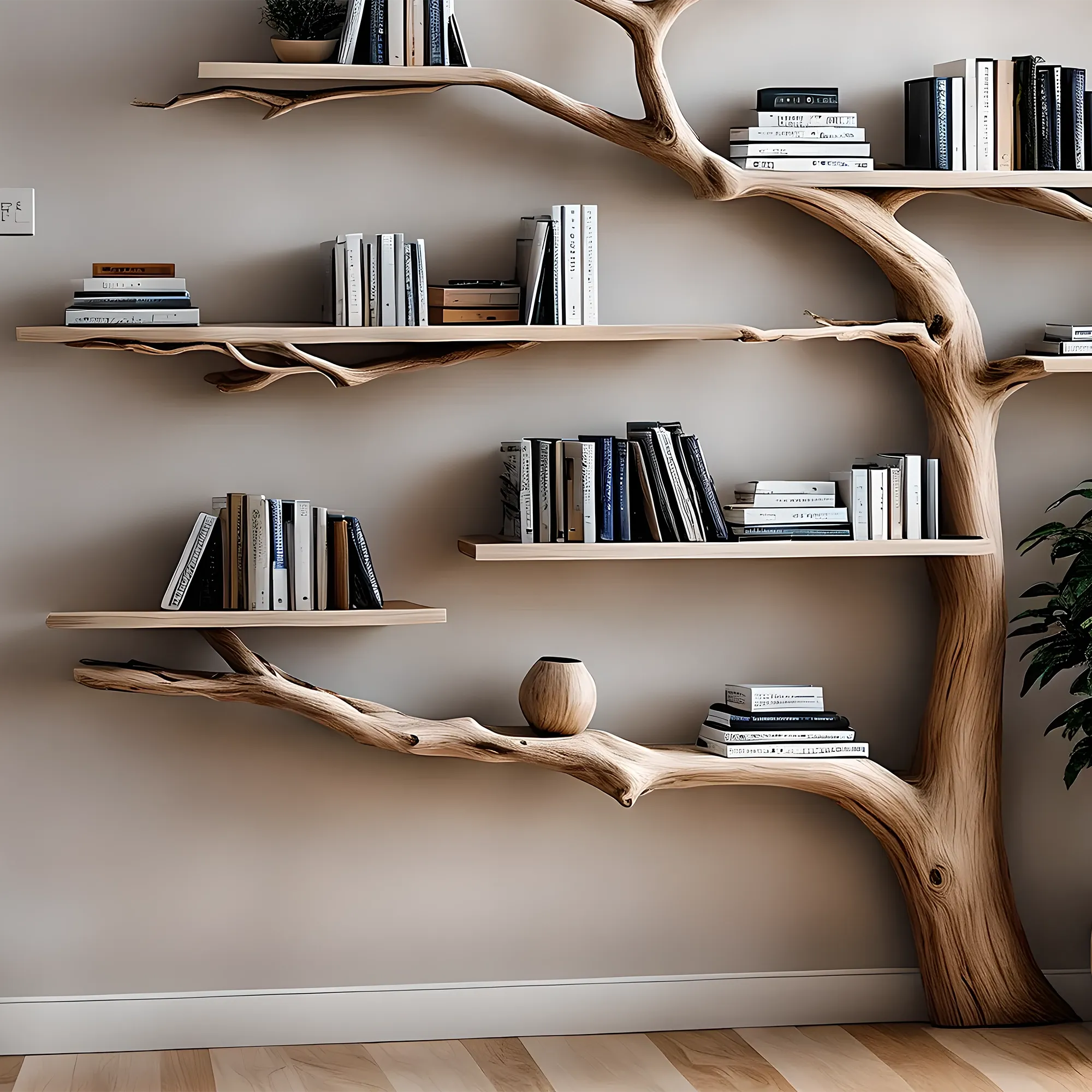 Handmade Tree Shaped Bookshelf Solid Wood Branch Shelf for Interior Decoration