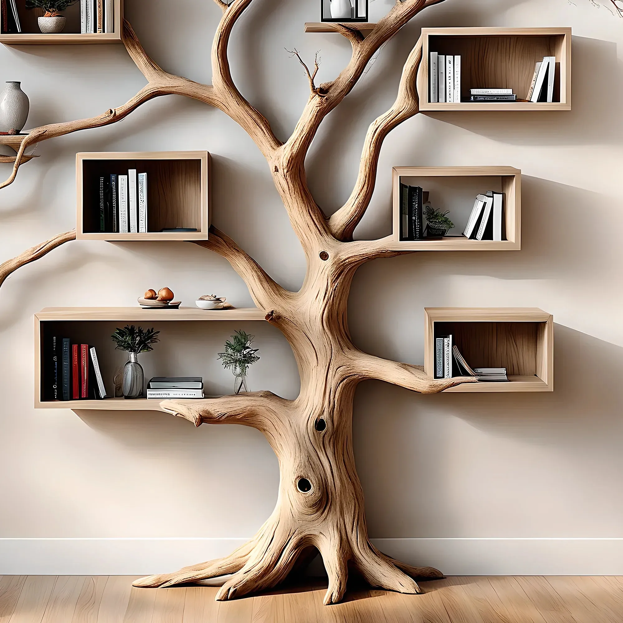 Wooden Tree Bookshelf with Square Shelves Floating Decorative Wall Shelf