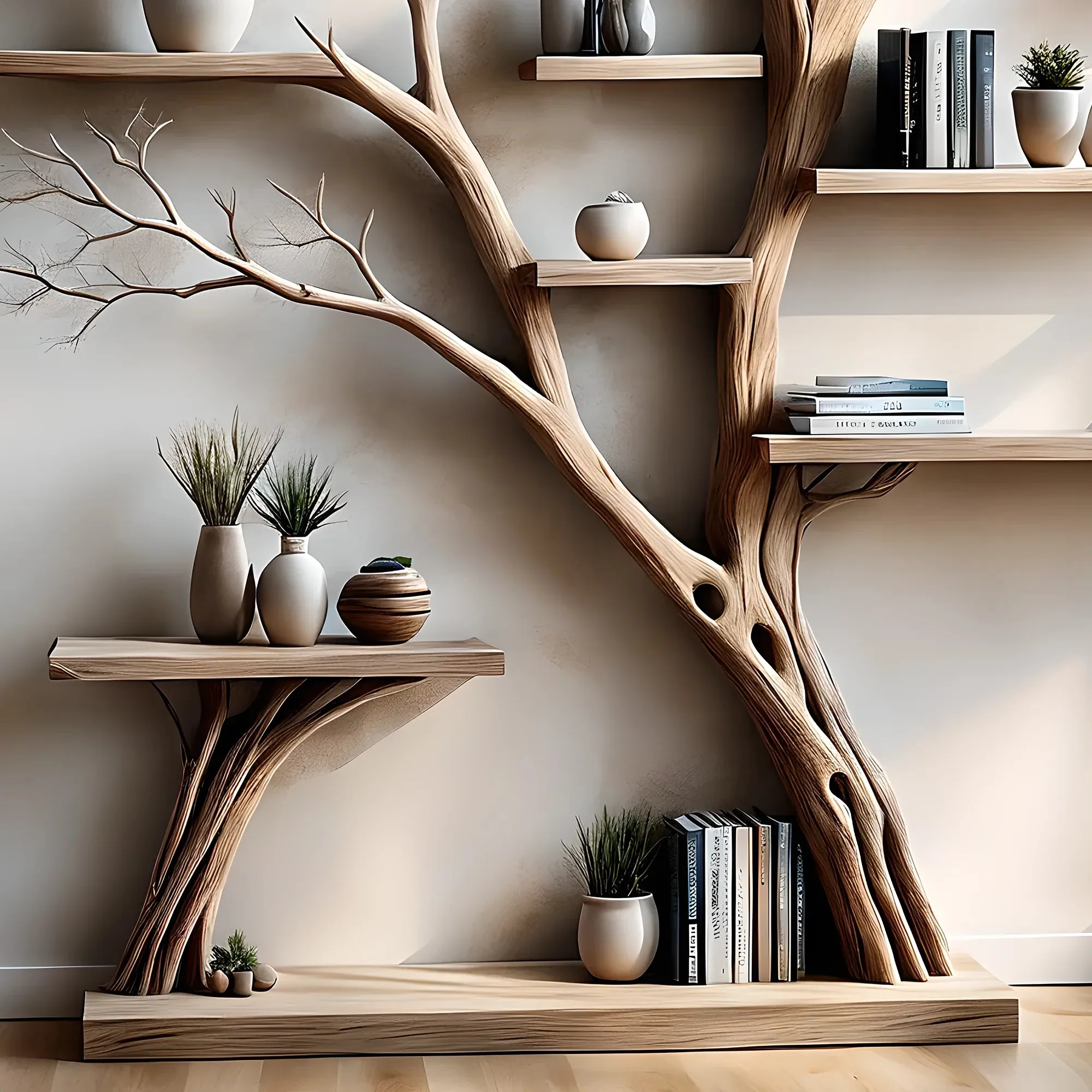 Tree Shaped Bookshelf with Side Table Solid Wood Decorative Shelf for Kids Room