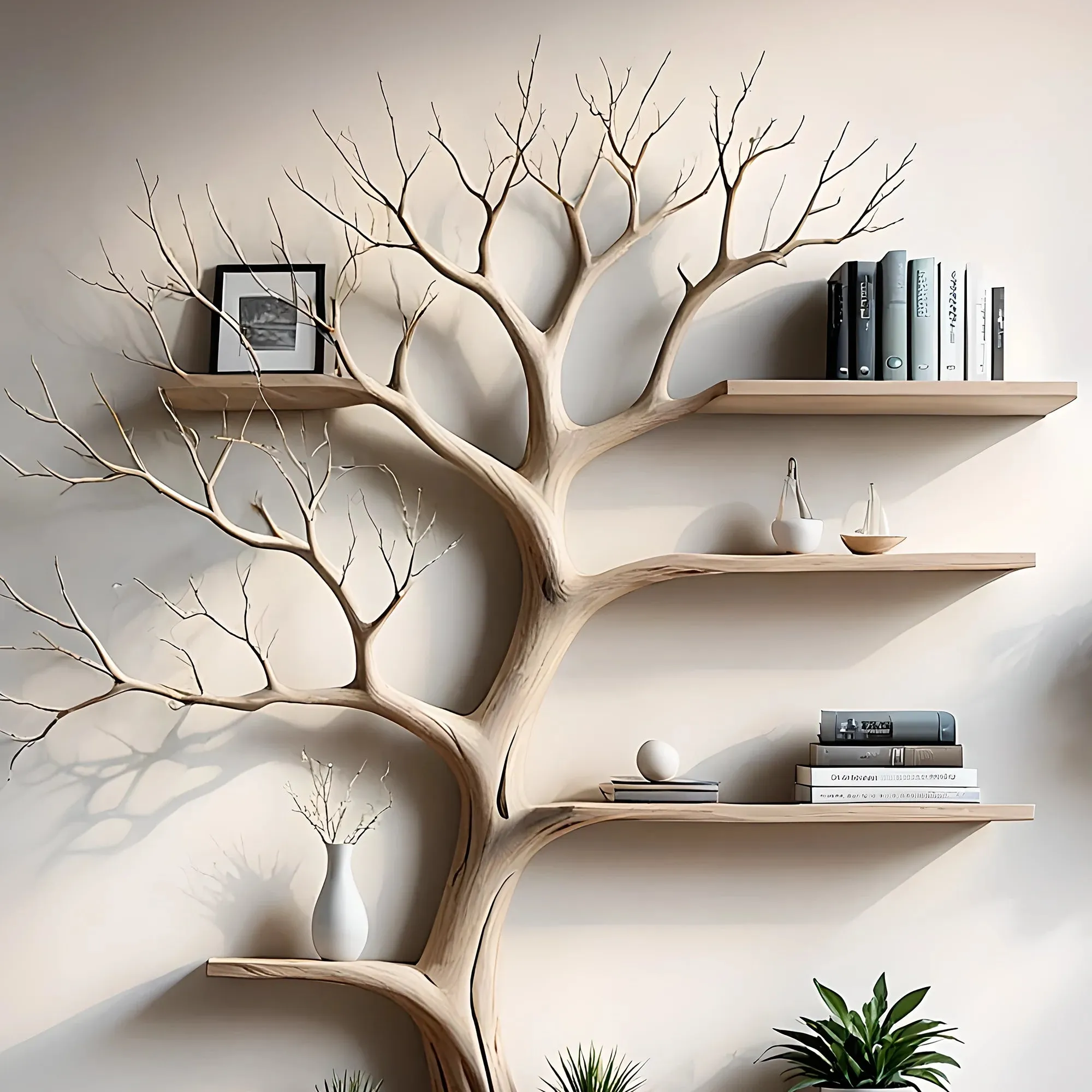 Handmade Wooden Tree Bookshelf Rustic Floating Shelf for Living Room Decor